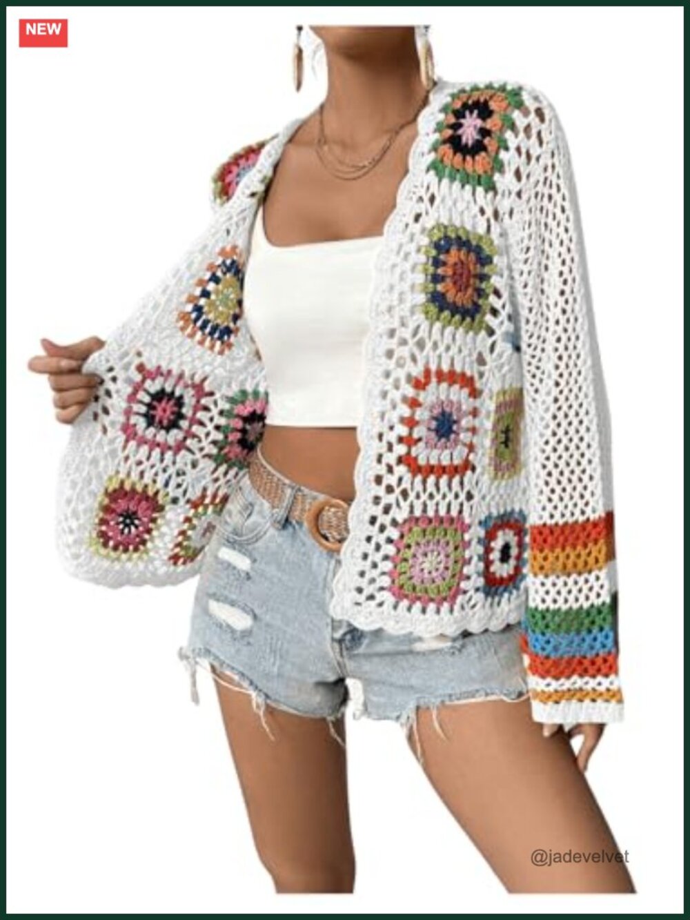 Floral Crochet Open Front Cardigan Sweater Lightweight Long Sleeve V-Neck Loose - Picture 2 of 6